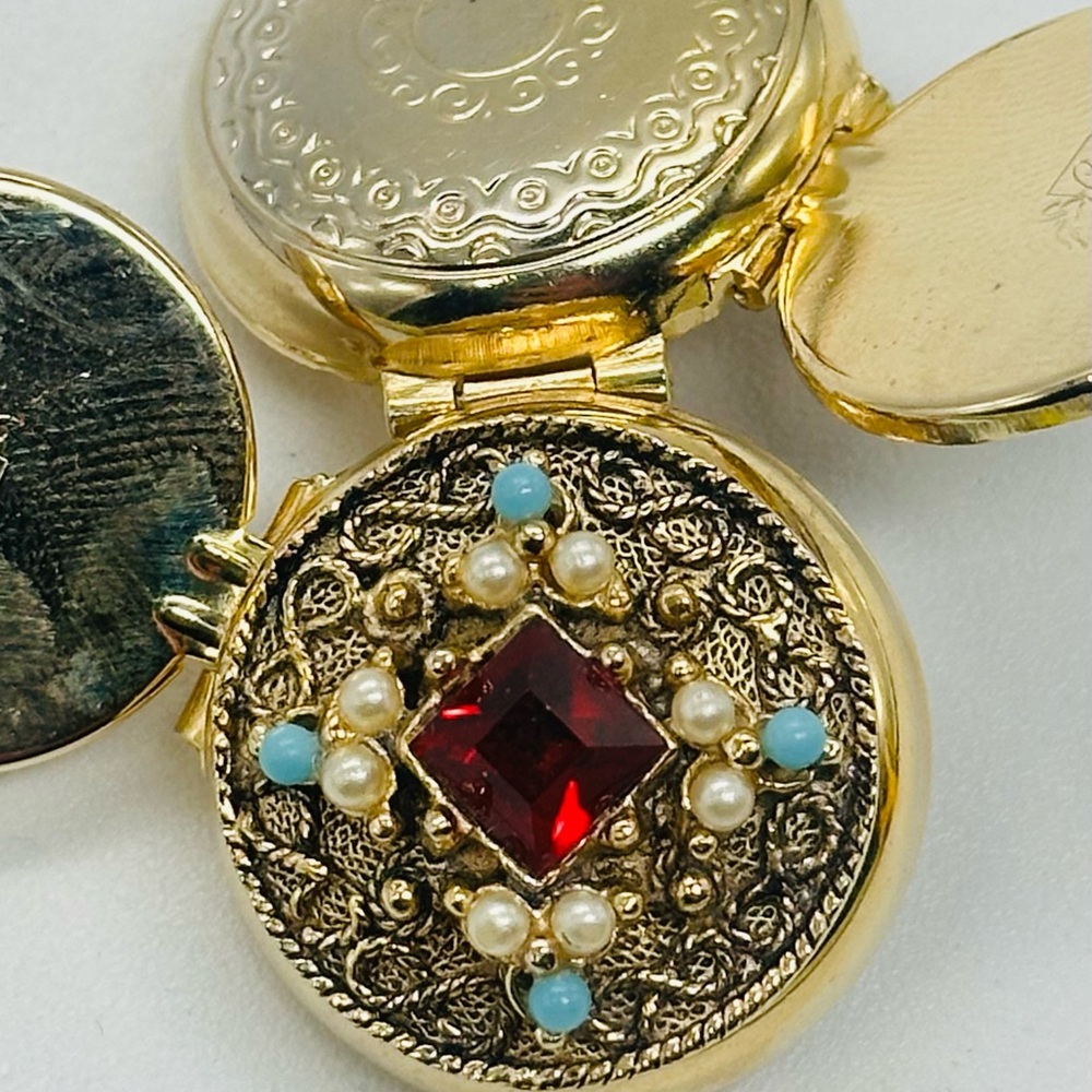 Vintage Coro Pegasus Locket Brooch Pin 4 Way Gold Tone Pin Ruby Turquoise - Picture 6 of 8
